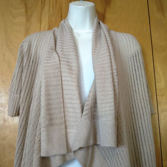 Willi Smith Women's Small Short Sleeve Rib Knit Open Front Cardigan Beige - Picture 2 of 4